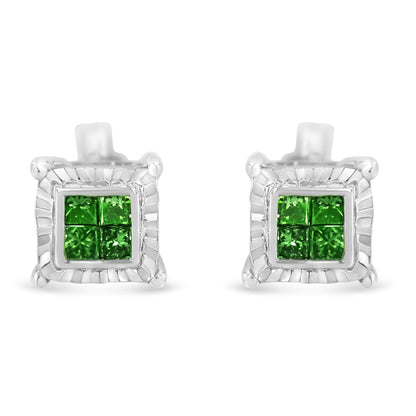 Pendientes de Plata de Ley con Diamantes de Princesa Tratados en Color (1/2 qt, Color Verde, Claridad I1-I2)