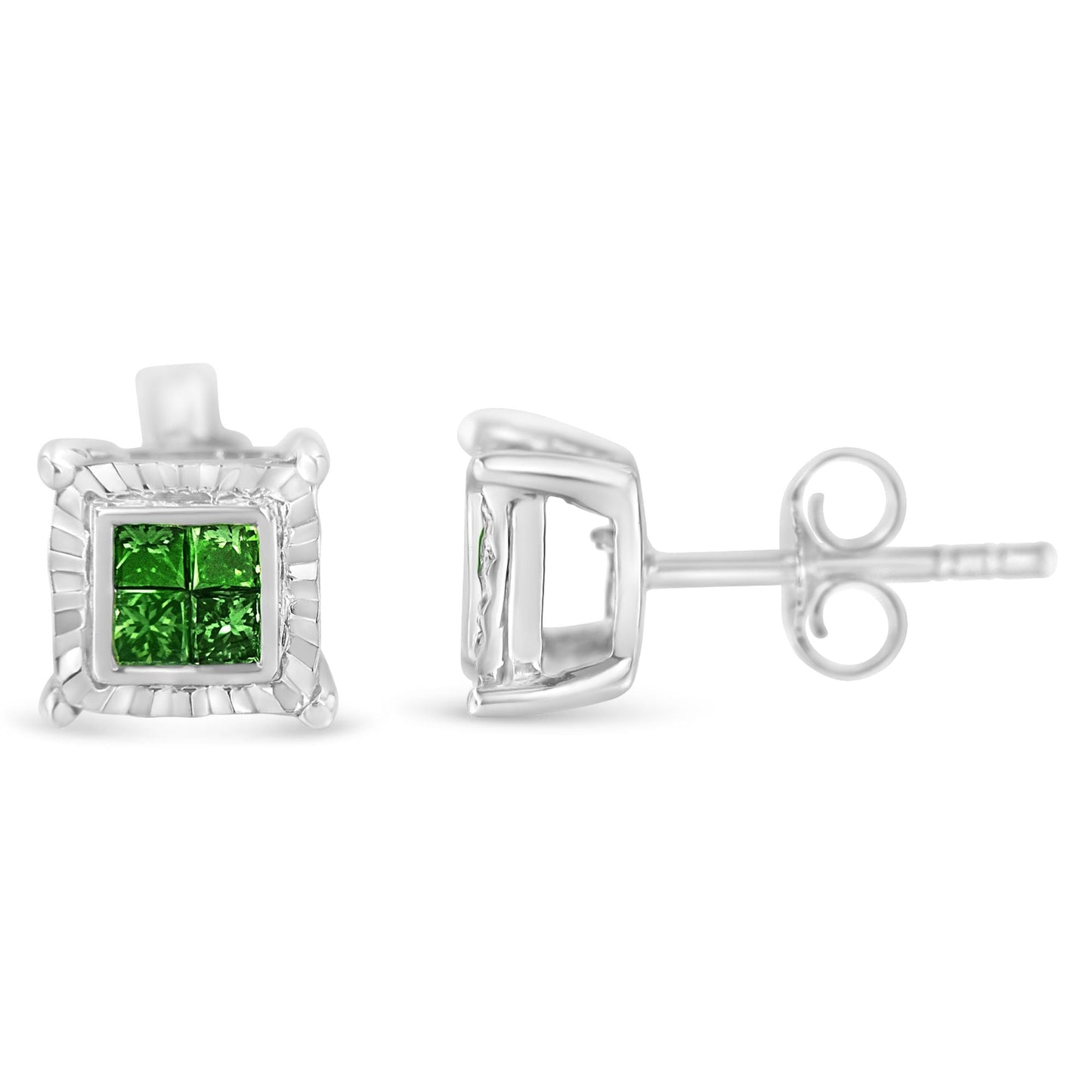 Pendientes de Plata de Ley con Diamantes de Princesa Tratados en Color (1/2 qt, Color Verde, Claridad I1-I2)