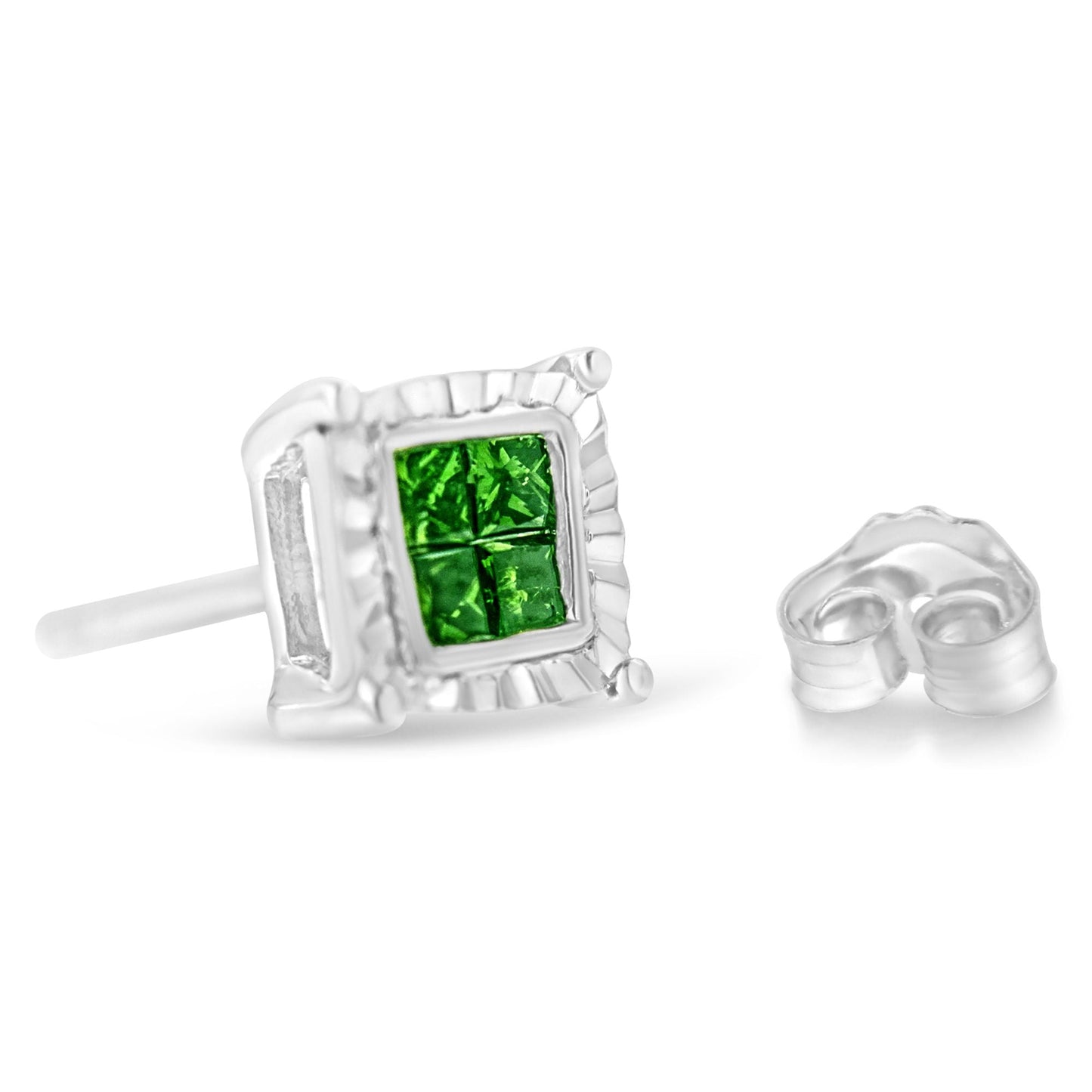 Pendientes de Plata de Ley con Diamantes de Princesa Tratados en Color (1/2 qt, Color Verde, Claridad I1-I2)