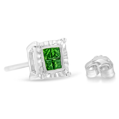 Pendientes de Plata de Ley con Diamantes de Princesa Tratados en Color (1/2 qt, Color Verde, Claridad I1-I2)