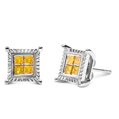 Pendientes de tuerca de plata esterlina .925 de 1/2 quilate de diamantes amarillos en corte princesa