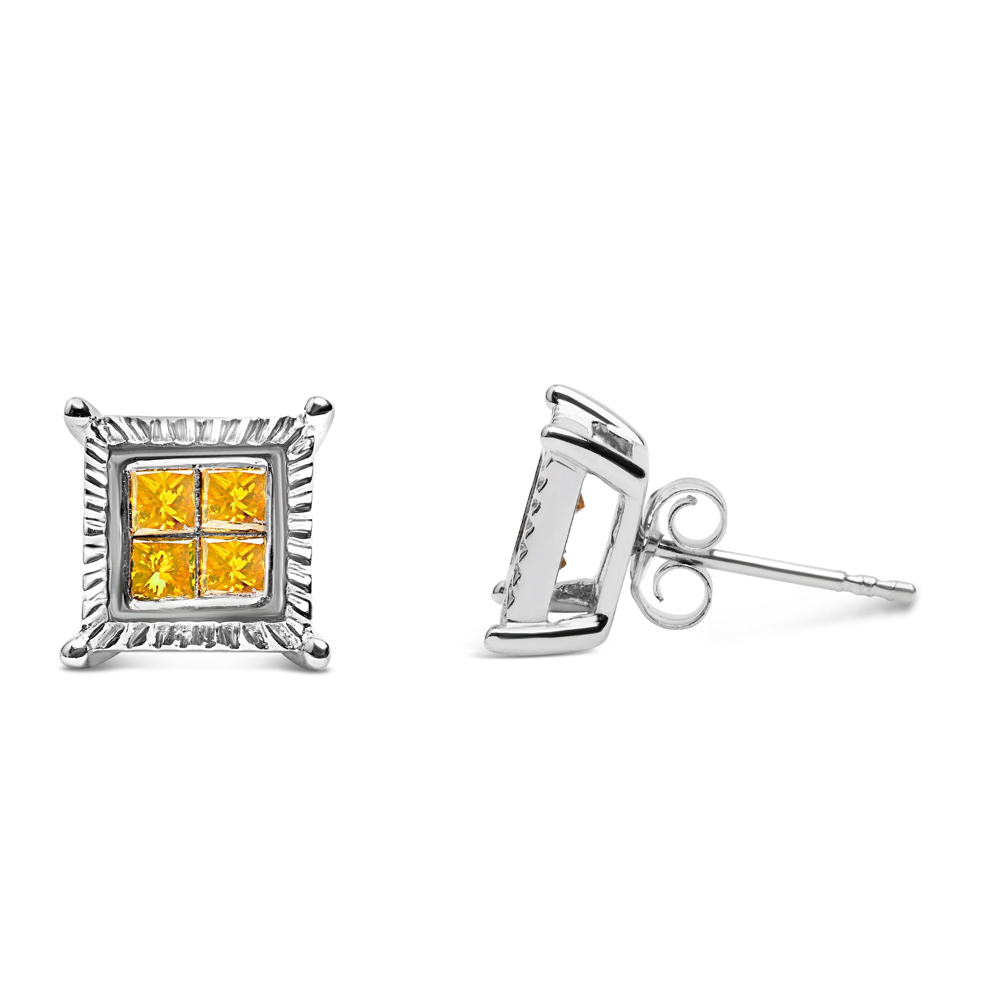 Pendientes de tuerca de plata esterlina .925 de 1/2 quilate de diamantes amarillos en corte princesa