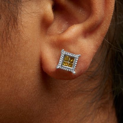 Pendientes de tuerca de plata esterlina .925 de 1/2 quilate de diamantes amarillos en corte princesa