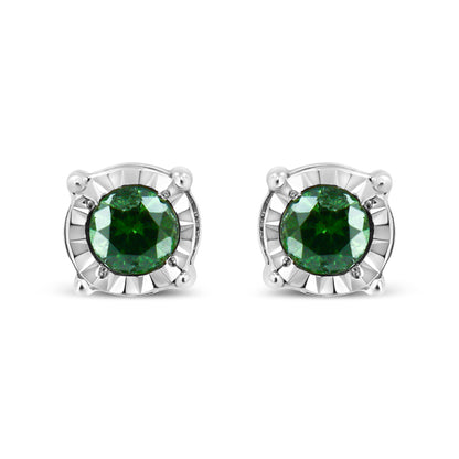 Sterling Silver Rose Cut Treated Green Diamond Solitaire Stud Earrings (0.25 cttw, Green Color, I2-I3 Clarity)