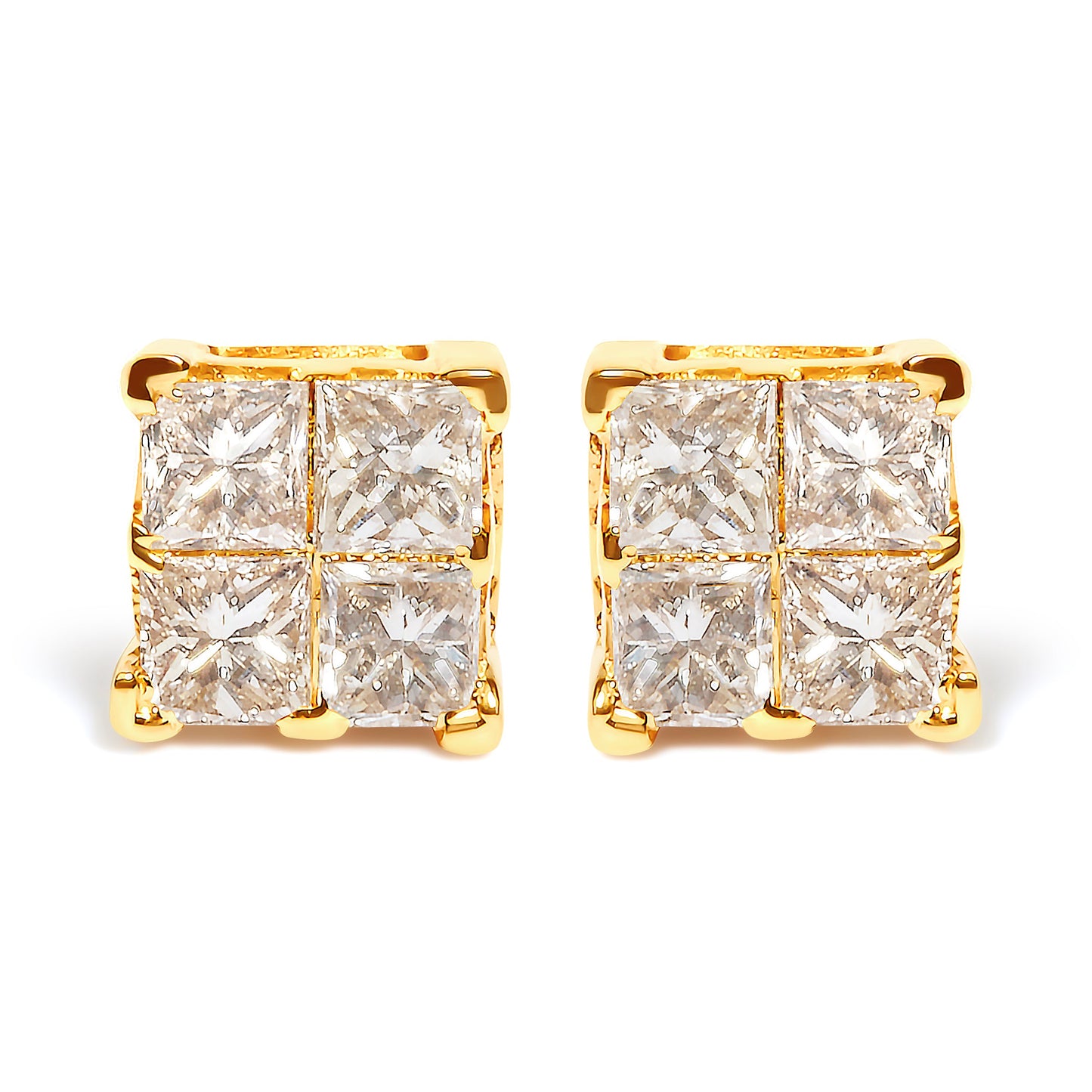Pendientes de tuerca cuadrados con diamantes de talla princesa engastados invisibles de 3/4 Cttw en oro amarillo de 10K (color I-J, claridad I2-I3)