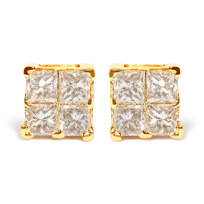 Pendientes de tuerca cuadrados con diamantes de talla princesa engastados invisibles de 3/4 Cttw en oro amarillo de 10K (color I-J, claridad I2-I3)