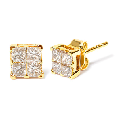 Pendientes de tuerca cuadrados con diamantes de talla princesa engastados invisibles de 3/4 Cttw en oro amarillo de 10K (color I-J, claridad I2-I3)
