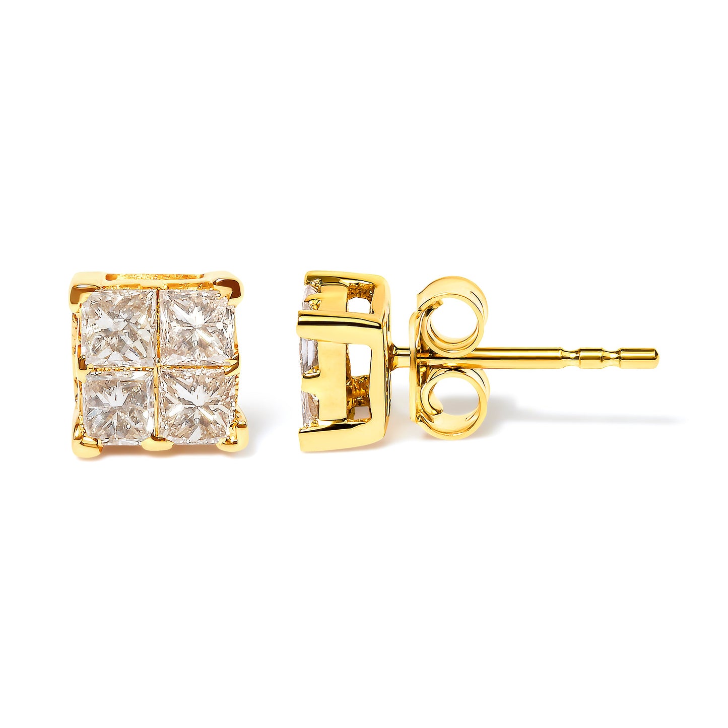 Pendientes de tuerca cuadrados con diamantes de talla princesa engastados invisibles de 3/4 Cttw en oro amarillo de 10K (color I-J, claridad I2-I3)