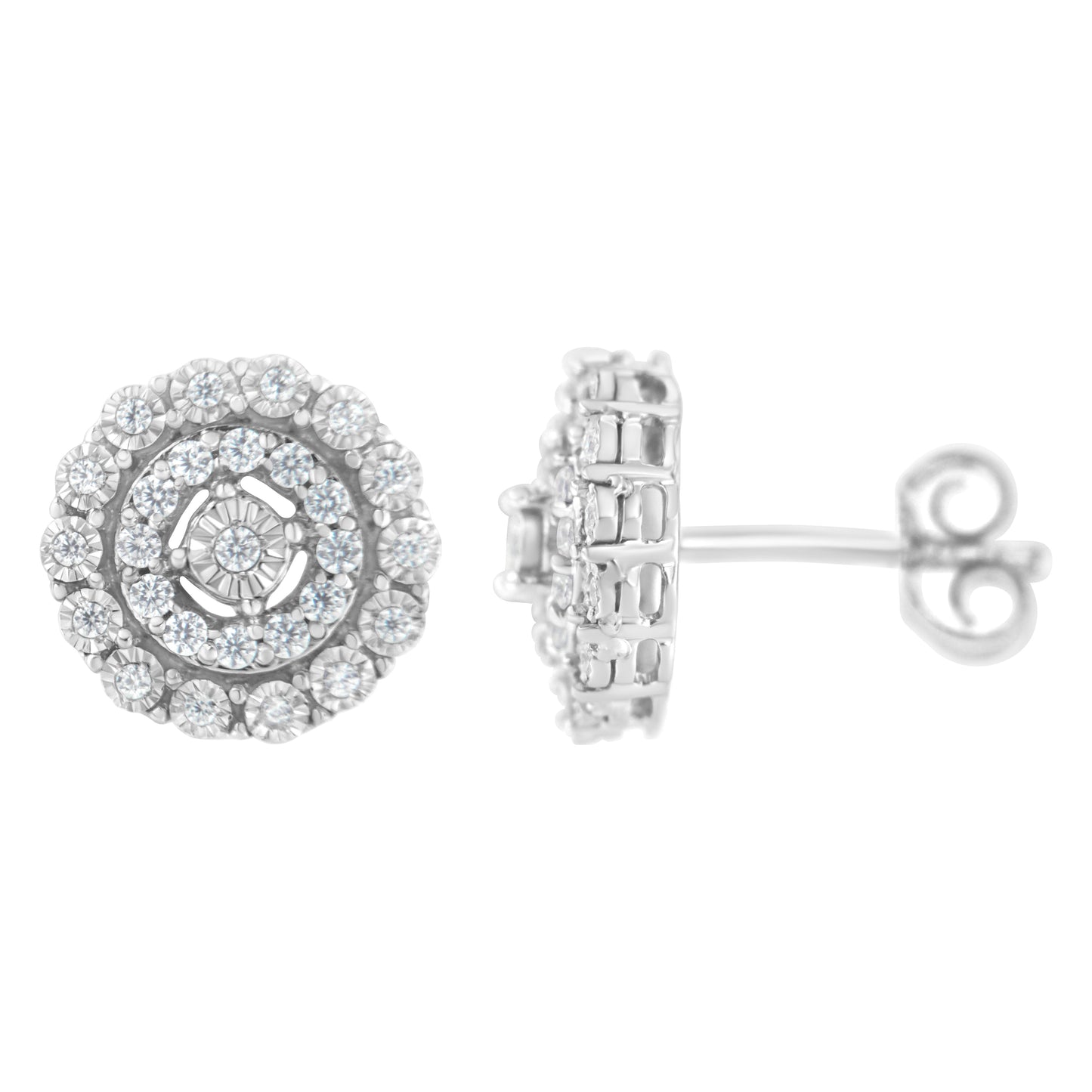Pendientes de oro blanco de 10 quilates con doble halo de diamantes redondos talla brillante de 0,50 quilates en total (claridad I-J, color I2-I3)