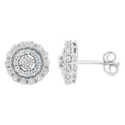 Pendientes de oro blanco de 10 quilates con doble halo de diamantes redondos talla brillante de 0,50 quilates en total (claridad I-J, color I2-I3)