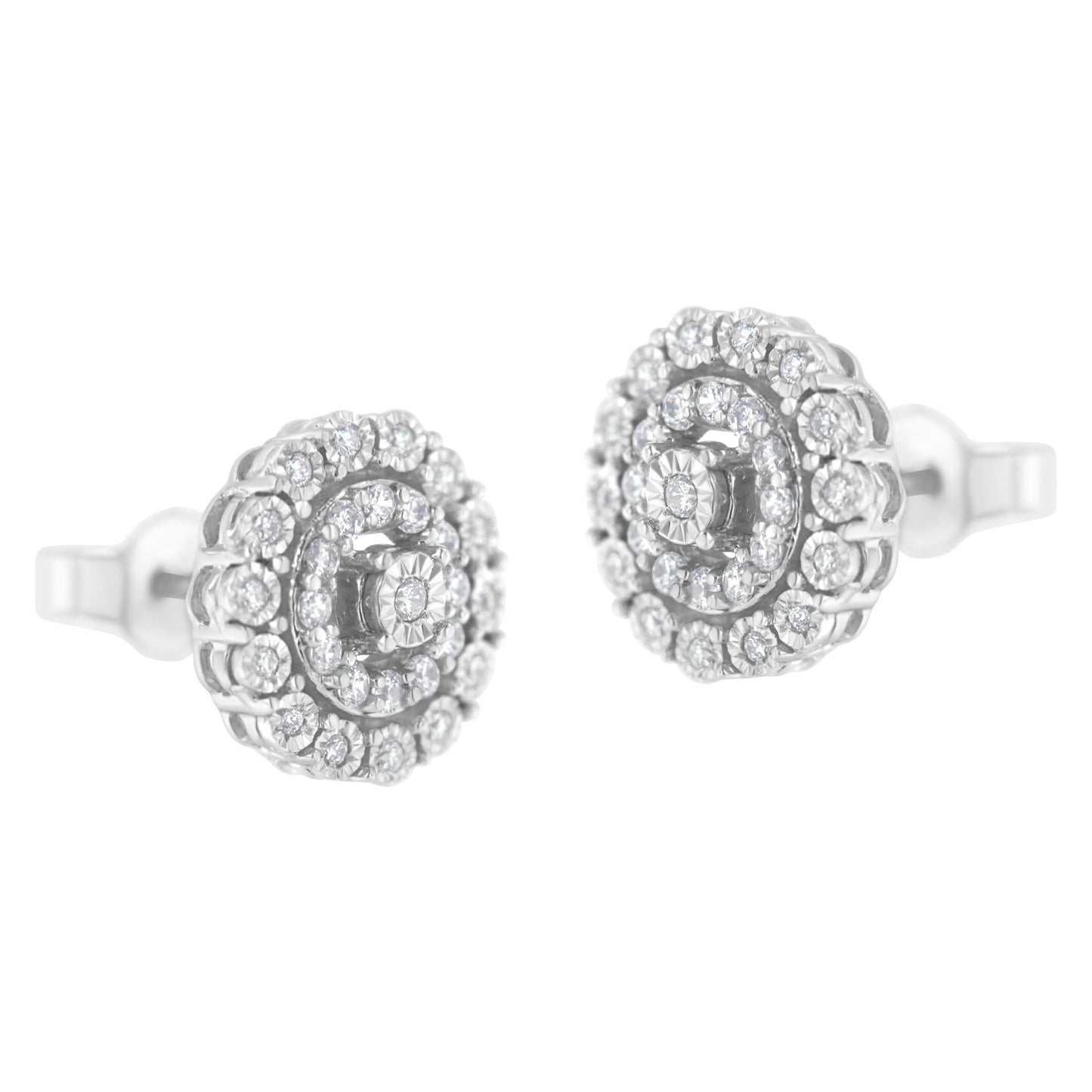 Pendientes de oro blanco de 10 quilates con doble halo de diamantes redondos talla brillante de 0,50 quilates en total (claridad I-J, color I2-I3)