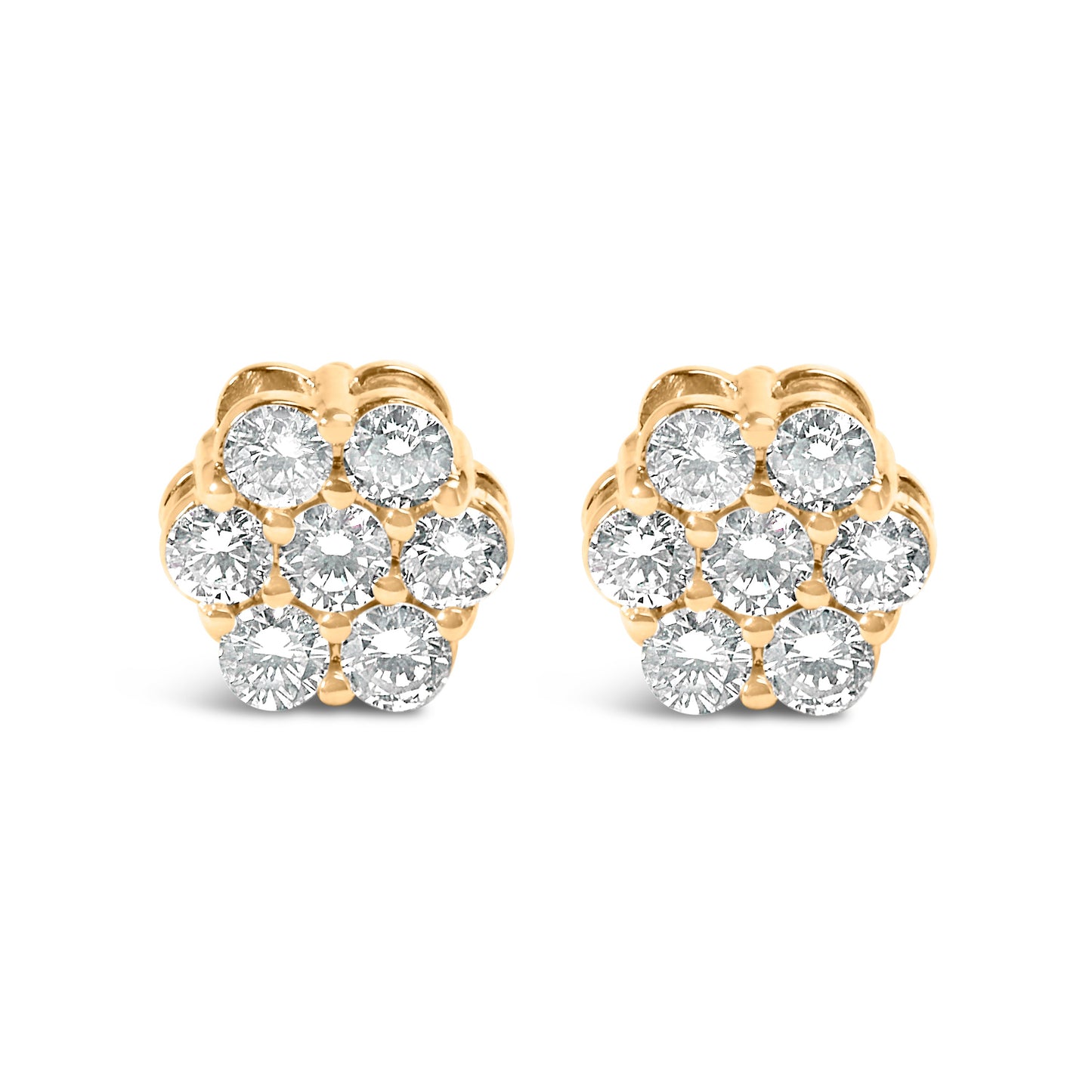 Pendientes de botón de oro amarillo de 14 quilates con grupo floral de 7 diamantes de talla redonda brillante de 3/4 Cttw con cierres de rosca (color I-J, claridad SI2-I1)