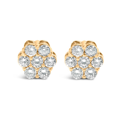 Pendientes de botón de oro amarillo de 14 quilates con grupo floral de 7 diamantes de talla redonda brillante de 3/4 Cttw con cierres de rosca (color I-J, claridad SI2-I1)