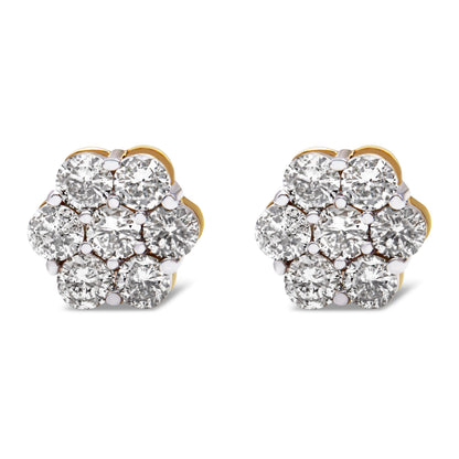 Pendientes de botón con forma de racimo floral de oro amarillo de 14K con diamantes de 2,0 Cttw y cierre de rosca (color H-I, claridad SI1-SI2)