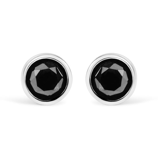 Pendientes de Plata Fina .925 con Diamantes Negros de 4.00 Qts. Talla Brillante Redonda, Engastados en Bisel, con Cierre de Rosca (Color Fantasía Mejorado, Claridad I2-I3)