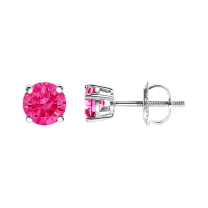 Pendientes solitario clásicos de 4 puntas de oro blanco de 14 quilates con diamantes rosados de laboratorio redondos de talla brillante de 1,0 quilates (color rosa, claridad VVS2-VS1)