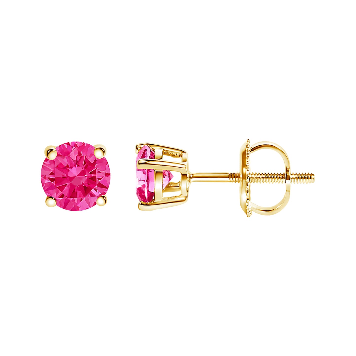 Pendientes solitario clásicos de 4 puntas de oro amarillo de 14 quilates con diamantes rosados cultivados en laboratorio de corte brillante redondo de 1,00 quilates en total (color rosa, claridad VVS2-VS1)