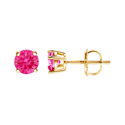 Pendientes solitario clásicos de 4 puntas de oro amarillo de 14 quilates con diamantes rosados cultivados en laboratorio de corte brillante redondo de 1,00 quilates en total (color rosa, claridad VVS2-VS1)