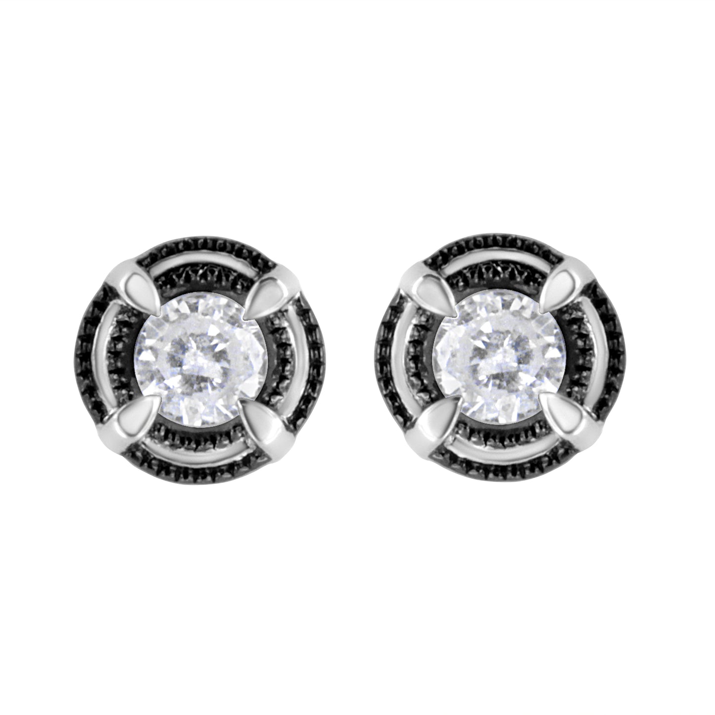 Pendientes de botón solitarios de doble halo de diamantes de 1-1/2 quilates de peso total, de plata de ley .925 bañada en rodio negro, con montura de 4 garras y milgrain (color H-I, claridad I2-I3)