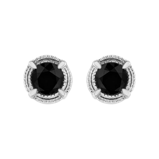 Pendientes de tuerca modernos de plata de ley .925 con solitario de diamante negro tratado de 1 quilate total y engaste de 4 puntas y milgrain (color negro, claridad I1-I2)