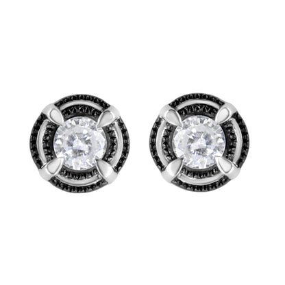 Pendientes de botón solitarios de doble halo de diamantes de 1-1/2 quilates de peso total, de plata de ley .925 bañada en rodio negro, con montura de 4 garras y milgrain (color H-I, claridad I2-I3)