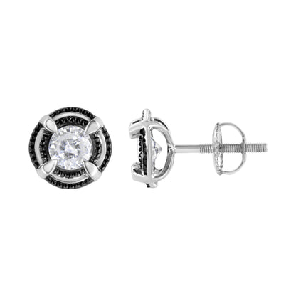Pendientes de botón solitarios de doble halo de diamantes de 1-1/2 quilates de peso total, de plata de ley .925 bañada en rodio negro, con montura de 4 garras y milgrain (color H-I, claridad I2-I3)