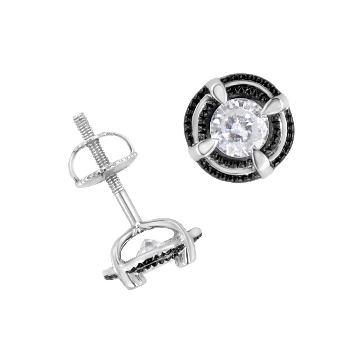 Pendientes de botón solitarios de doble halo de diamantes de 1-1/2 quilates de peso total, de plata de ley .925 bañada en rodio negro, con montura de 4 garras y milgrain (color H-I, claridad I2-I3)