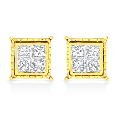 Pendientes de oro amarillo de 14 quilates, con 1.0 quilates de diamantes engastados invisibles corte princesa (8 piedras) (Color I-J, Claridad SI1-SI2)