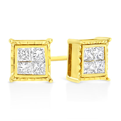 Pendientes de oro amarillo de 14 quilates, con 1.0 quilates de diamantes engastados invisibles corte princesa (8 piedras) (Color I-J, Claridad SI1-SI2)