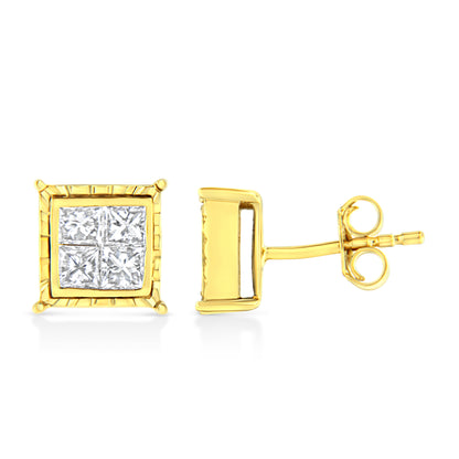 Pendientes de oro amarillo de 14 quilates, con 1.0 quilates de diamantes engastados invisibles corte princesa (8 piedras) (Color I-J, Claridad SI1-SI2)