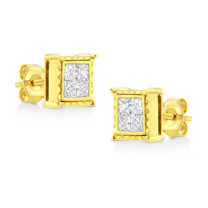 Pendientes de oro amarillo de 14 quilates, con 1.0 quilates de diamantes engastados invisibles corte princesa (8 piedras) (Color I-J, Claridad SI1-SI2)