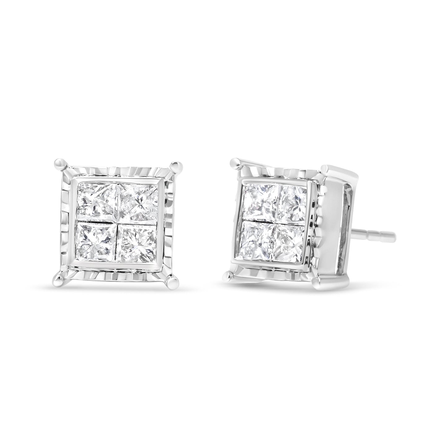 Pendientes de botón contemporáneos de oro blanco de 14 quilates con diamantes talla princesa de 1,5 quilates engastados invisibles con cuatro ondas (color I-J, claridad I1-I2)