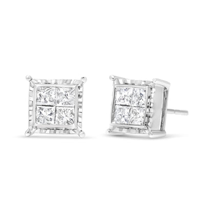 Pendientes de botón contemporáneos de oro blanco de 14 quilates con diamantes talla princesa de 1,5 quilates engastados invisibles con cuatro ondas (color I-J, claridad I1-I2)