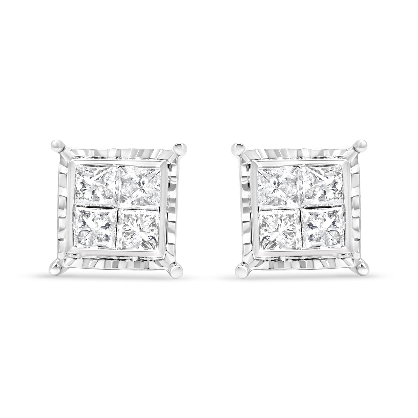 Pendientes de botón contemporáneos de oro blanco de 14 quilates con diamantes talla princesa de 1,5 quilates engastados invisibles con cuatro ondas (color I-J, claridad I1-I2)