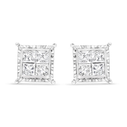 Pendientes de botón contemporáneos de oro blanco de 14 quilates con diamantes talla princesa de 1,5 quilates engastados invisibles con cuatro ondas (color I-J, claridad I1-I2)
