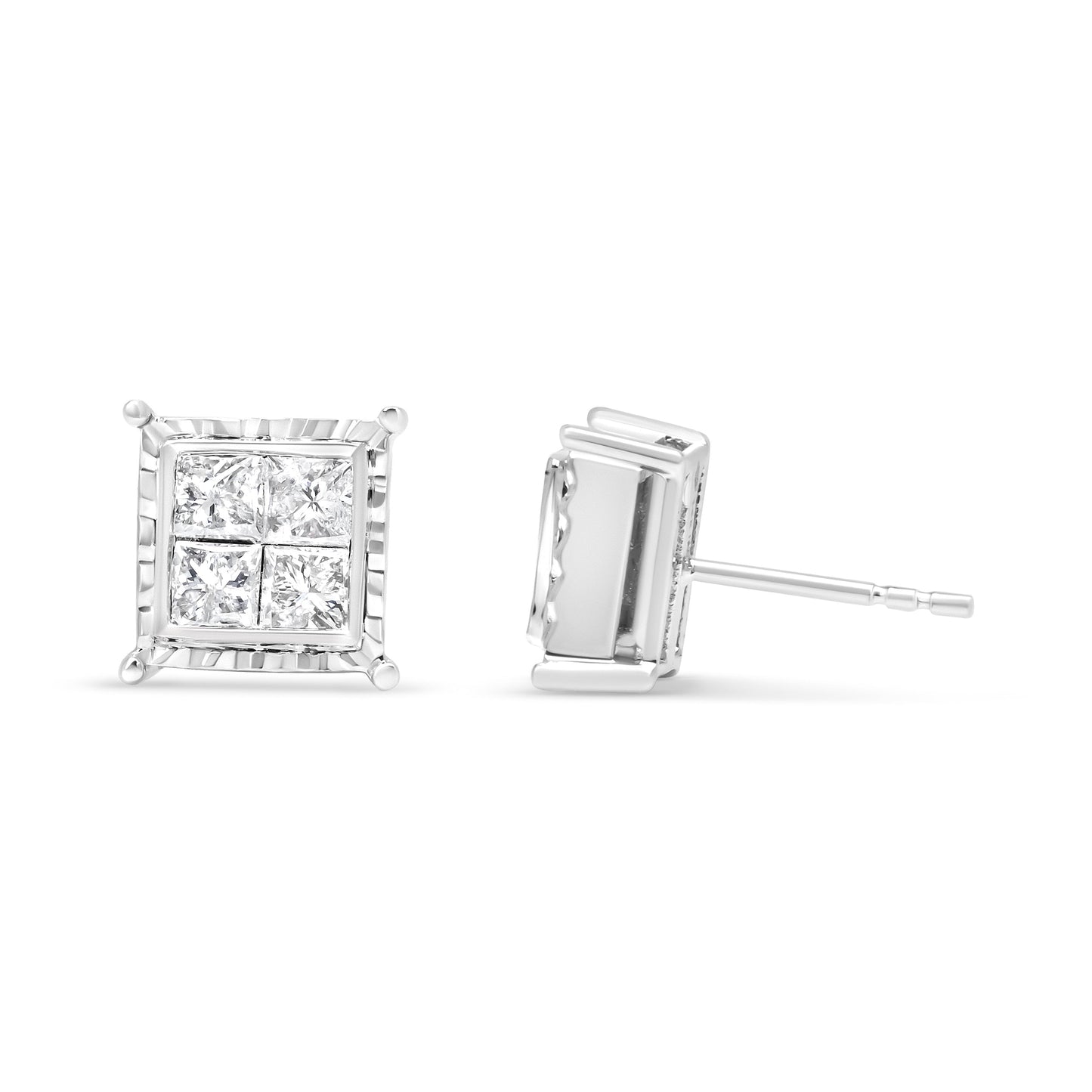 Pendientes de botón contemporáneos de oro blanco de 14 quilates con diamantes talla princesa de 1,5 quilates engastados invisibles con cuatro ondas (color I-J, claridad I1-I2)