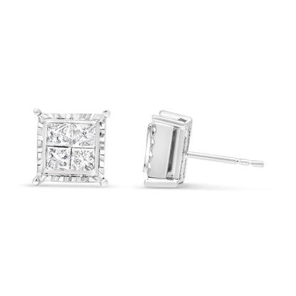 Pendientes de botón contemporáneos de oro blanco de 14 quilates con diamantes talla princesa de 1,5 quilates engastados invisibles con cuatro ondas (color I-J, claridad I1-I2)