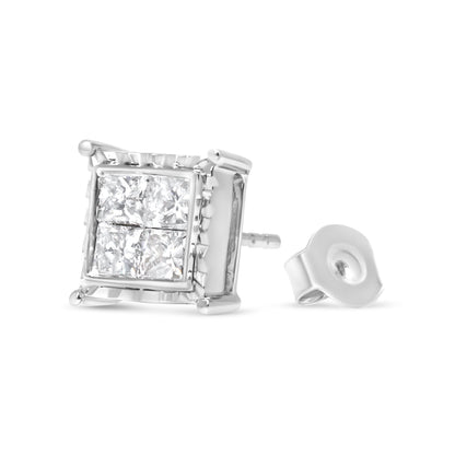 Pendientes de botón contemporáneos de oro blanco de 14 quilates con diamantes talla princesa de 1,5 quilates engastados invisibles con cuatro ondas (color I-J, claridad I1-I2)