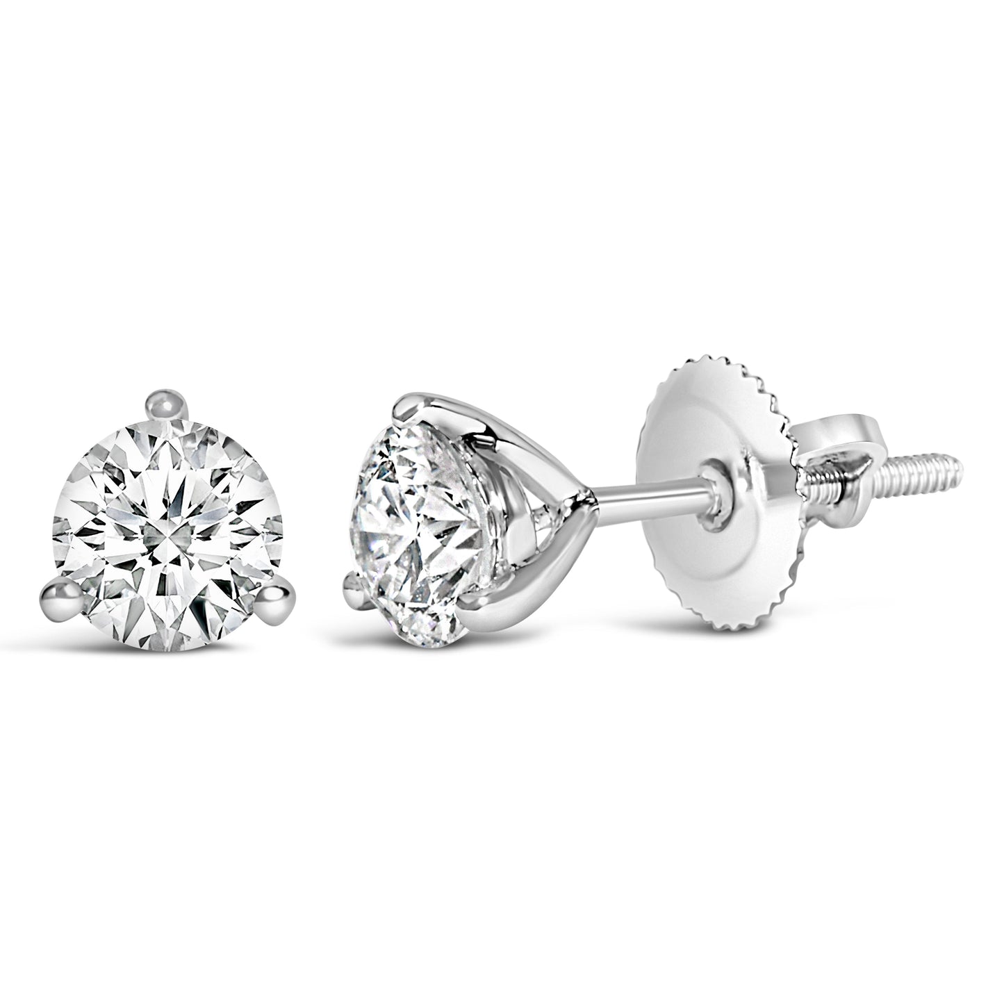 Pendientes de tuerca de oro blanco de 14 quilates y 2,0 quilates (peso total) con diamantes solitarios redondos de talla brillante cultivados en laboratorio, engaste de 3 puntas tipo martini y cierre de rosca (color F-G, claridad VS1-VS2)