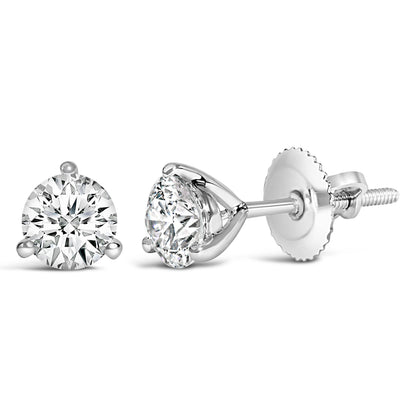 Pendientes de tuerca de oro blanco de 14 quilates y 2,0 quilates (peso total) con diamantes solitarios redondos de talla brillante cultivados en laboratorio, engaste de 3 puntas tipo martini y cierre de rosca (color F-G, claridad VS1-VS2)