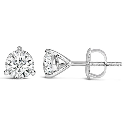 Pendientes de tuerca de oro blanco de 14 quilates y 2,0 quilates (peso total) con diamantes solitarios redondos de talla brillante cultivados en laboratorio, engaste de 3 puntas tipo martini y cierre de rosca (color F-G, claridad VS1-VS2)