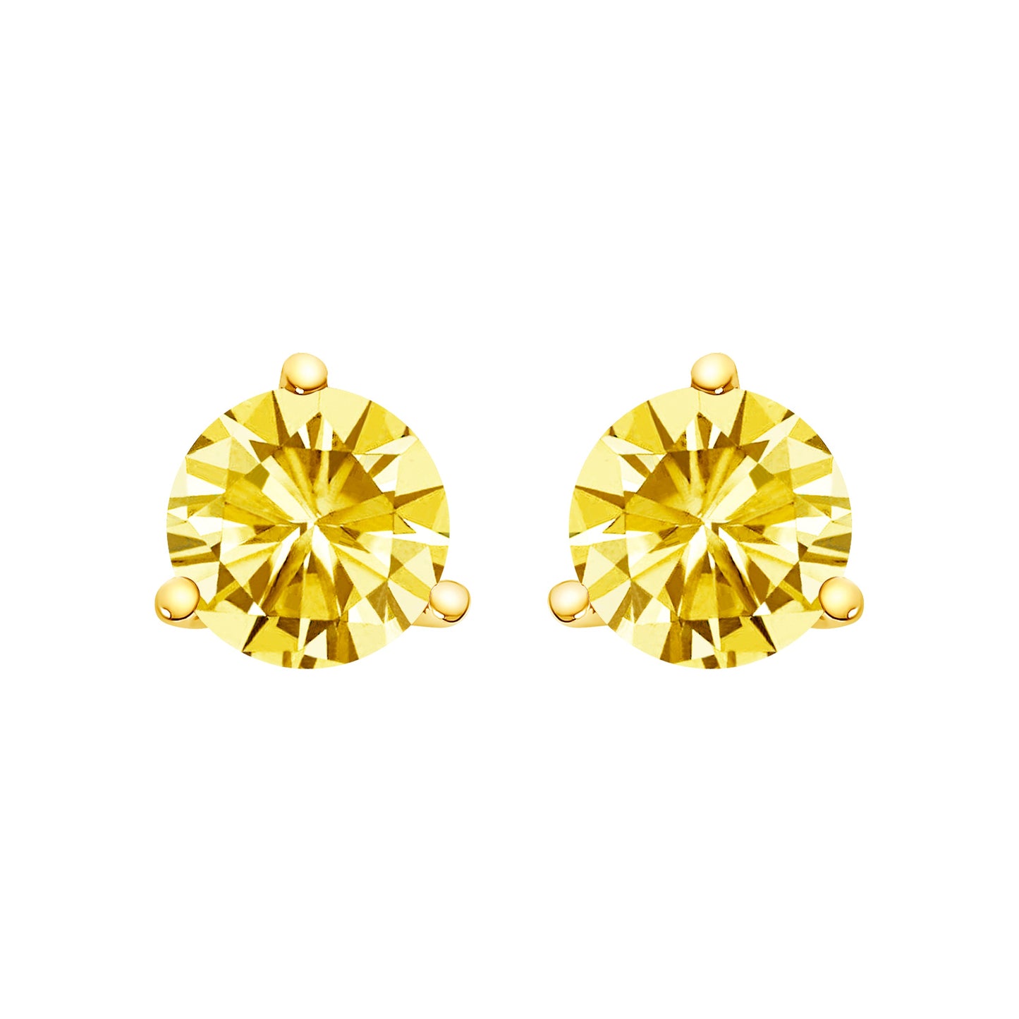 Pendientes de botón de oro blanco de 14 quilates, engaste de martini de 3 puntas, solitario de diamante cultivado en laboratorio amarillo de 1,0 quilates (peso total en quilates)