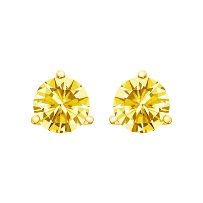 Pendientes de botón de oro blanco de 14 quilates, engaste de martini de 3 puntas, solitario de diamante cultivado en laboratorio amarillo de 1,0 quilates (peso total en quilates)