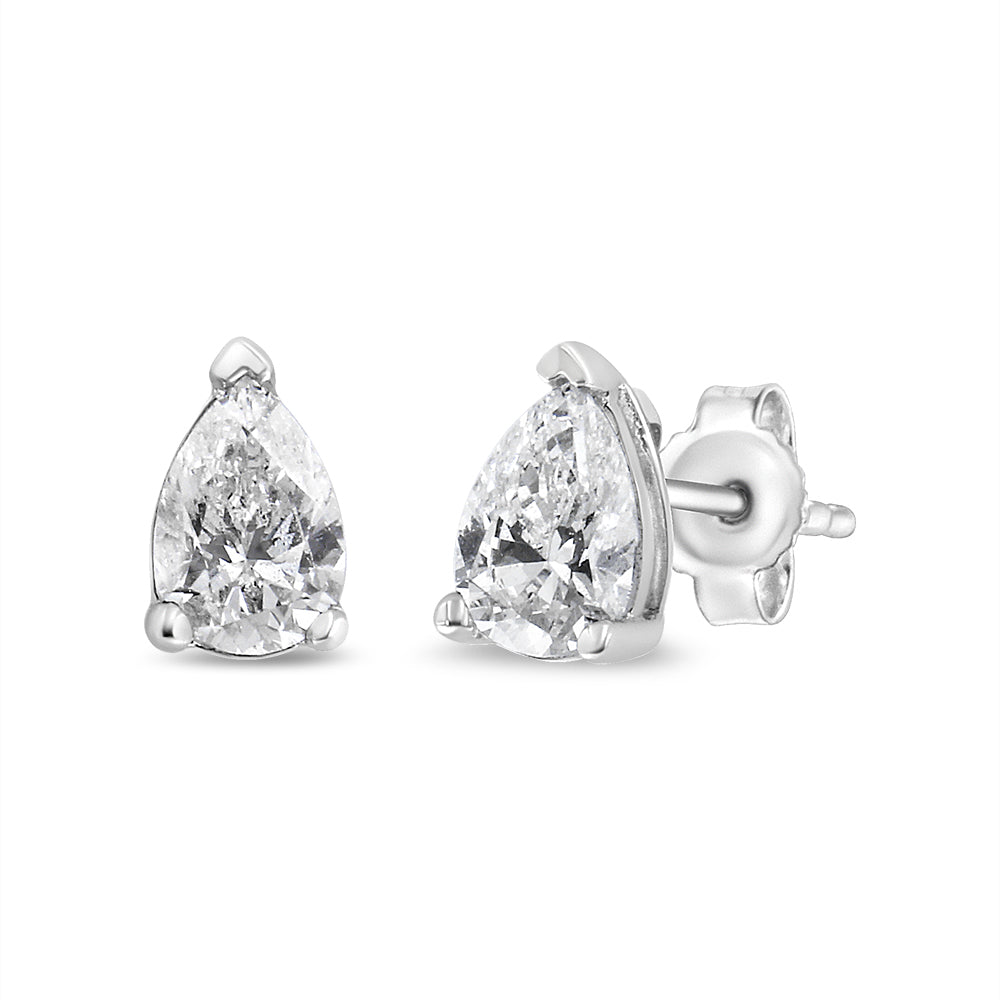 Pendientes de botón solitarios con diamantes cultivados en laboratorio en forma de pera de 1/2 quilate en oro blanco de 14K (color F-G, claridad VS2-SI1)