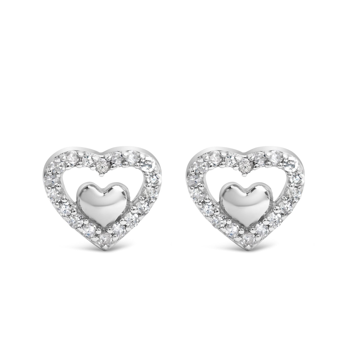 Pendientes de tuerca de doble corazón abierto de plata de ley 925 con diamante de 1/6 quilate (color I-J, claridad I3)