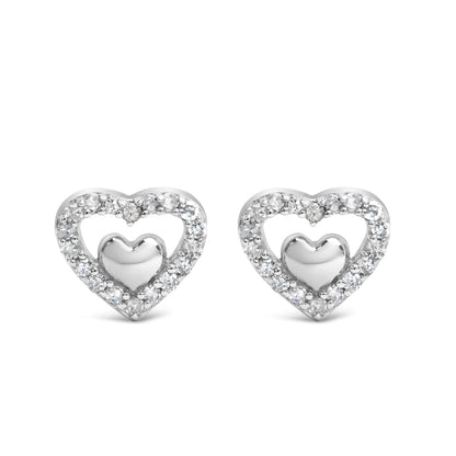 Pendientes de tuerca de doble corazón abierto de plata de ley 925 con diamante de 1/6 quilate (color I-J, claridad I3)