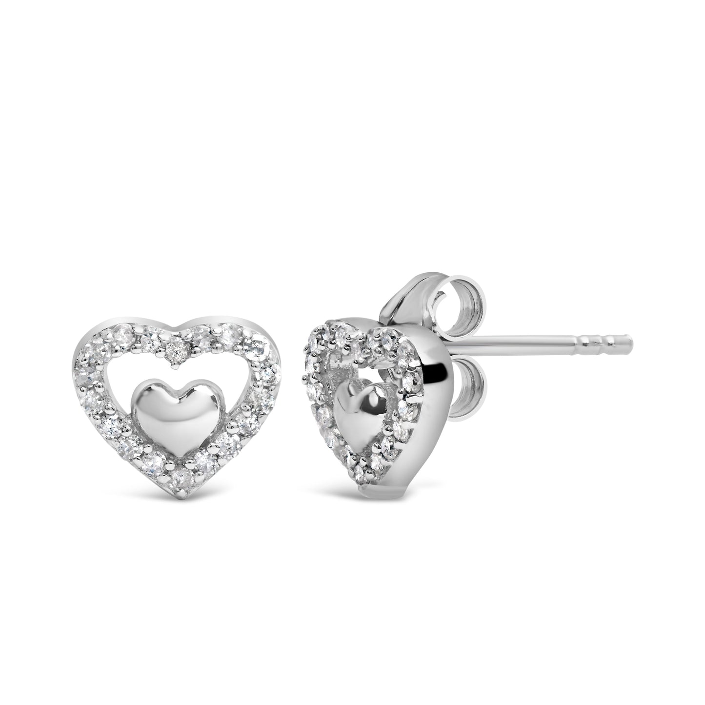 Pendientes de tuerca de doble corazón abierto de plata de ley 925 con diamante de 1/6 quilate (color I-J, claridad I3)