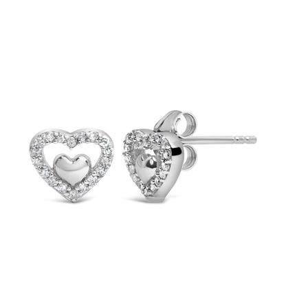 Pendientes de tuerca de doble corazón abierto de plata de ley 925 con diamante de 1/6 quilate (color I-J, claridad I3)
