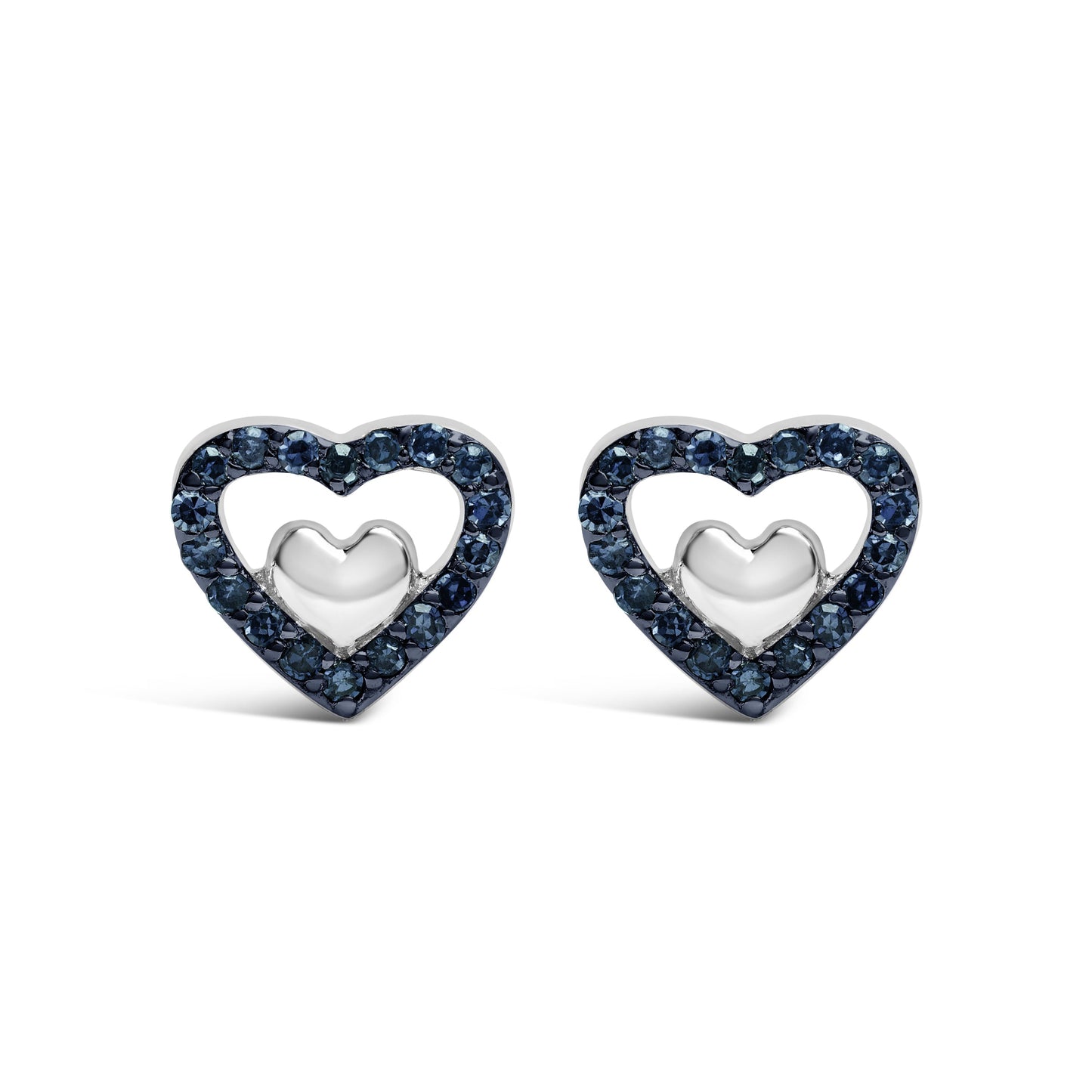 Pendientes de tuerca de doble corazón abierto de plata de ley 925 con diamante de 1/6 quilate (color I-J, claridad I3)