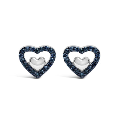 Pendientes de tuerca de doble corazón abierto de plata de ley 925 con diamante de 1/6 quilate (color I-J, claridad I3)